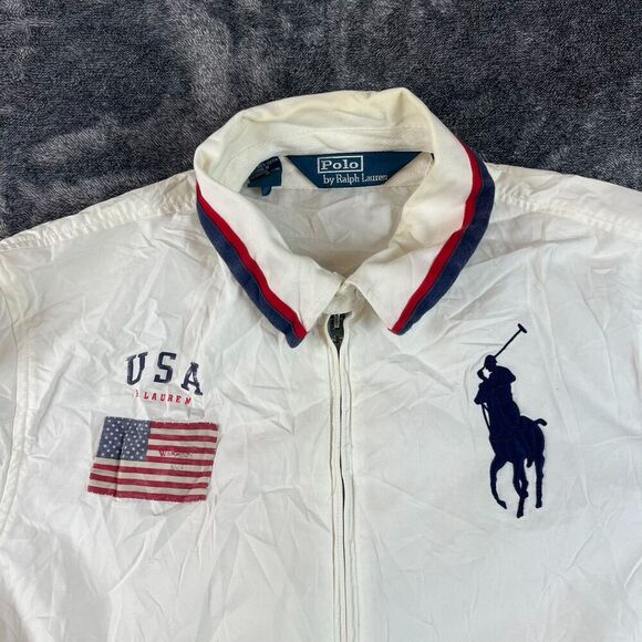 Vtg Polo Ralph Lauren Big Pony Flag Patch Full Zip Jacket Men's L White *Read - Picture 2 of 16